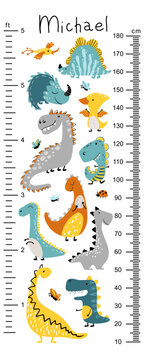 Dino height chart for kids. Cute vector illustration in simple hand-drawn cartoon Scandinavian style. The limited, colorful palette is ideal for printing. Childish meter wall for nursery design.