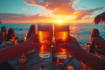 A romantic celebration on the beach at sunset, when the couple holds glasses and enjoys a wonderful evening together.