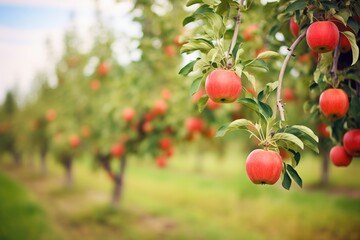 rows of ripe red apples hanging on a tree in an orchard