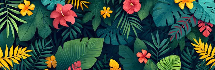 Background with jungle plants and tropical flowers. Invitation card with plant motif.