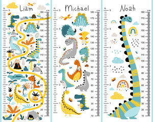 Dino height chart set for kids. Cute vector illustration in simple hand-drawn cartoon Scandinavian style. The limited, colorful palette is ideal for printing. Childish meter wall for nursery design. - obrazy, fototapety, plakaty