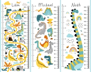 Fotobehang Dino height chart set for kids. Cute vector illustration in simple hand-drawn cartoon Scandinavian style. The limited, colorful palette is ideal for printing. Childish meter wall for nursery design. © Світлана Харчук