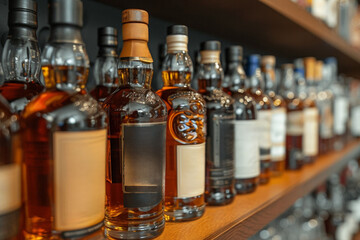 Assorted bottles of spirits: whiskey, scotch, bourbon and more.