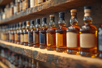 Assorted alcohol bottles in the bar: a varied collection of whiskey, scotch and other alcoholic drinks is presented.