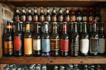 Naklejka premium Beer bottles adorn the shelves, creating an illustrative editorial backdrop for the attractive pub.