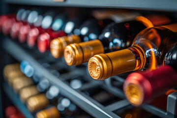 Vintage red wines are neatly arranged in the cellar, displaying quality and taste in a wooden presentation.