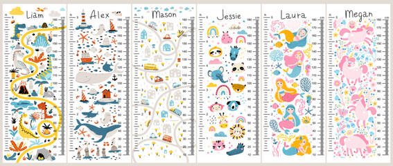 Set of Kids height chart with dinosaurs, unicorns, cars, cute animals and mermaids. Cute vector illustration in simple hand-drawn cartoon Scandinavian style. Childish meter wall for nursery design. - obrazy, fototapety, plakaty