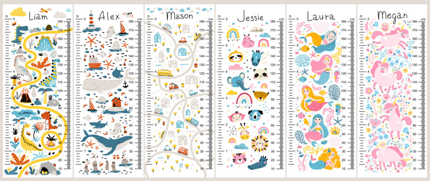 Set of Kids height chart with dinosaurs, unicorns, cars, cute animals and mermaids. Cute vector illustration in simple hand-drawn cartoon Scandinavian style. Childish meter wall for nursery design.
