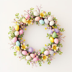 Naklejka na ściany i meble Happy Easter banner with a fancy wreath of Easter eggs and spring flowers, on a white background.