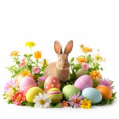 Happy Easter holiday banner with colorful Easter eggs, bunnies and spring flowers on a blank white background, isolated on white background.