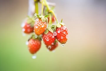 macro shot of a strawberry cluster on vine
