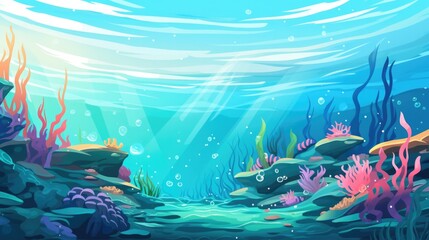 Sea underwater landscape illustration in cartoon style. Scenery abstract background for game