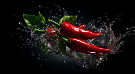 a red hot chili with water splashing, generative ai