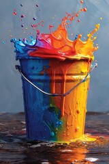 Colorful splash of oil paint from a bucket , splash of rainbow color paint