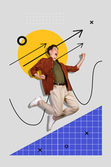 3d retro abstract creative artwork template collage of determined man jumping arrow statistic poster weird freak bizarre unusual fantasy