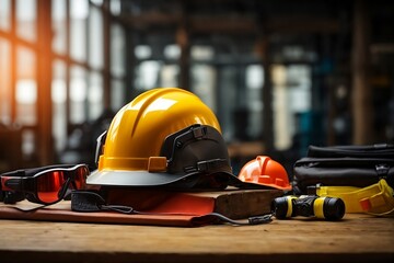 Construction safety equipment set in warehouse wooden table.