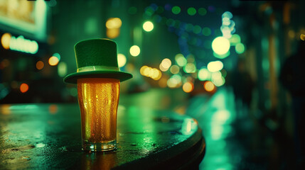 Una cerveza con un gorro verde de San Patricio en medio de una calle de Dublin