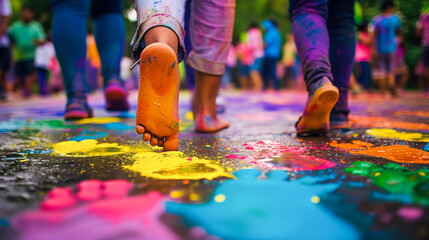 Colorful footprints on a Holi celebration ground