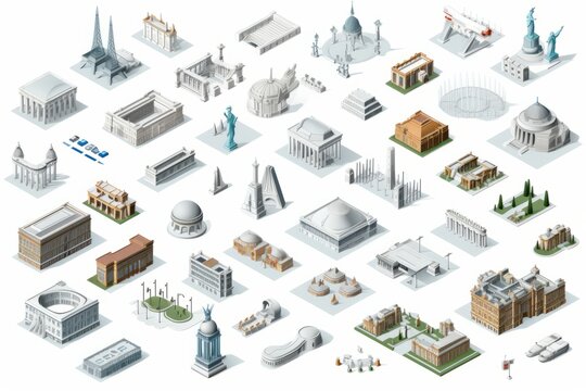 Isometric Vector Art Sprite Sheet, Highlighting Various Architectural Styles and Building Types, on a White Canvas, Generative AI