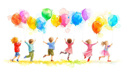 Happy kids joyfully playing with watercolor balloons on a white background