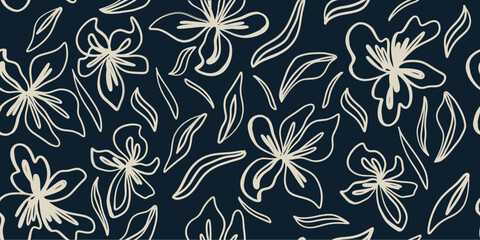 Modern lines floral with flowers print. Seamless pattern. Hand drawn style.