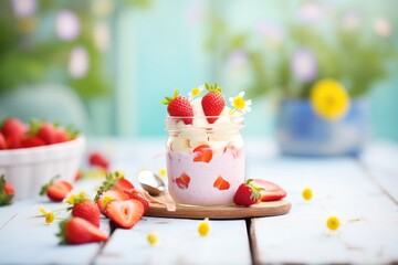 Obraz premium small glass of strawberry yogurt drink surrounded by fresh strawberries