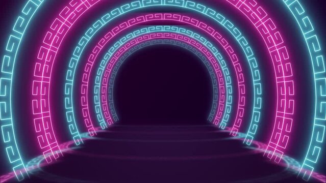 Chinese frame gate door in modern color neon light tunnel seamless loop background animation