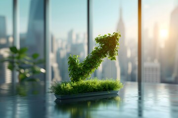 Economic ascent, A symbolic 3D plant, shaped like an arrow, thrives in a skyscraper office, portraying business growth and a thriving economy.