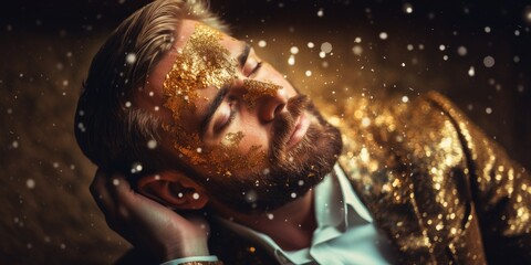 blonde man glitter on his face, gold glittering suit on gold glitter background, closed eyes