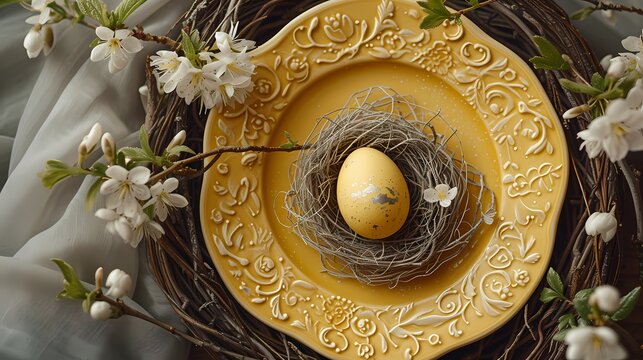 Easter Day background with easter egg placing on vintage pastel yellow plate with nest and decorated with flower