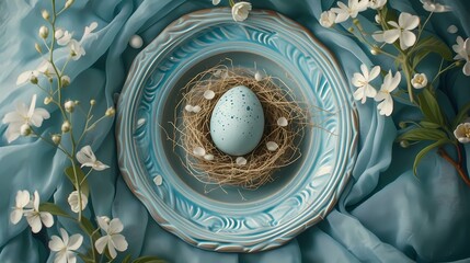 painted Easter egg on cute pastel blue theme plate, Easter Day background 