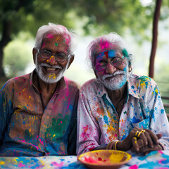 Obraz premium Elderly couple celebrating Holi with laughter and vibrant colors on a clean slate