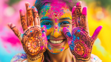 Smiling girl with intricate henna designs on hands