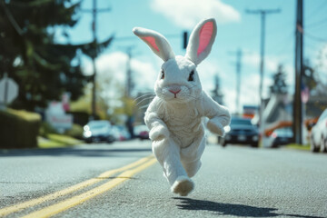 Character dressed as a bunny runs down the street with a marathon