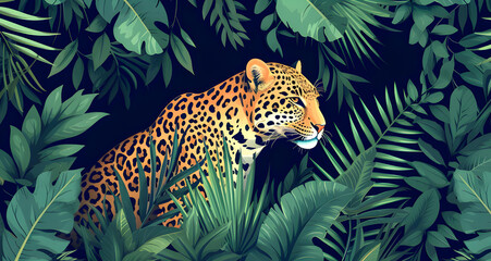 Drawing with a leopard in jungle. Background with the big cat in the wild. 