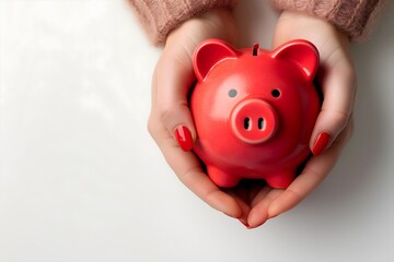 Elegance in savings: A woman's hand with red manicure cradles a money piggy bank on a clean white background. Flat lay, top view, with creative copy space.