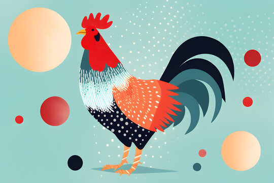 A colorful cartton illustration of a rooster. Vibrant Rooster Painting on Blue Background. Generative AI.