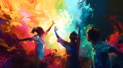 Digital depiction of friends engaged in a lively color battle