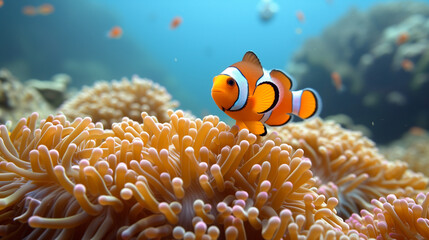 Naklejka na ściany i meble Orange clownfish swim among the tentacles of anemones, symbiosis of fish and anemones. A group of clown fish swimming in an anemone. Clownfish anemone fish in tropical saltwater coral garden 