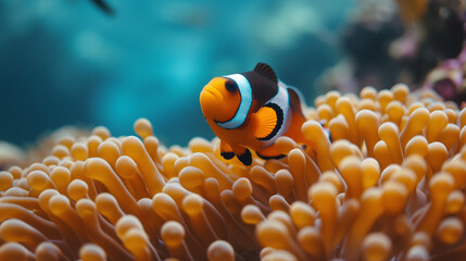 Orange clownfish swim among the tentacles of anemones, symbiosis of fish and anemones. A group of clown fish swimming in an anemone. Clownfish anemone fish in tropical saltwater coral garden 