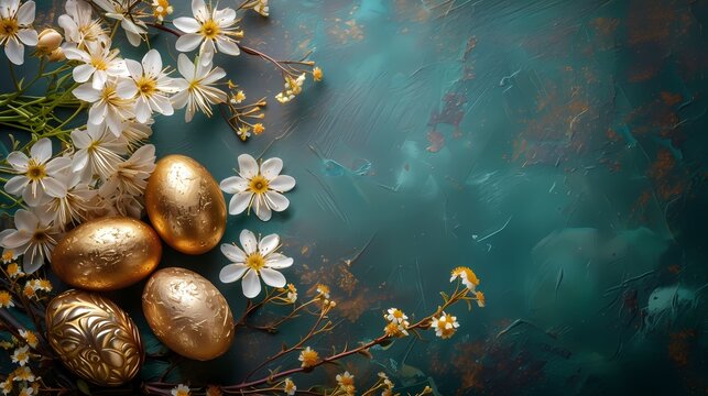 Easter Day background with luxury golden easter eggs on turquoise green background 