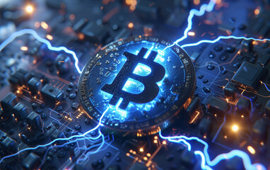 Digital Bitcoin Currency with blue lightning on Circuit Board Background