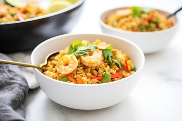 shrimp fried rice in a white bowl with spoon