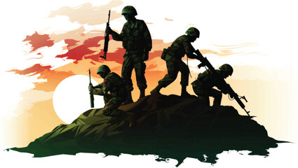 Soldiers Silhouette on War Land Sunrise Sunset, Victory Background with Flag