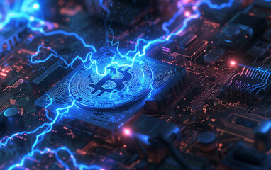 Fototapeta premium Digital Bitcoin Currency with blue lightning on Circuit Board Background