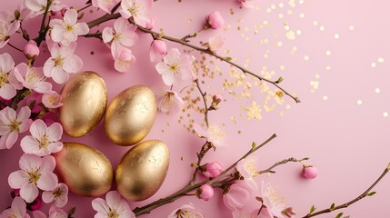 luxury modern style celebrate Easter Day background with golden easter eggs on pink background with flower - Powered by Adobe
