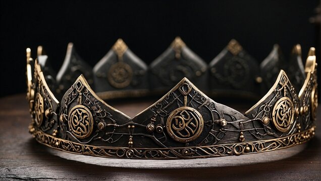 A Viking-inspired crown forged from iron, with intricate Norse runes and small, hammered gold accents Generative AI