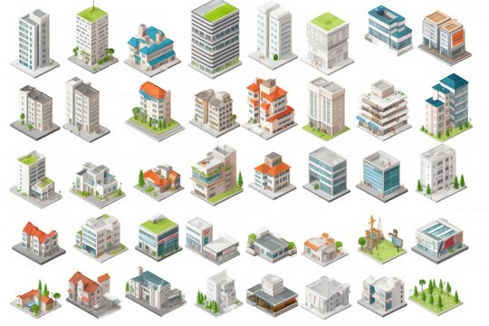 Isometric Vector Art Sprite Sheet, Showcasing Architectural Diversity in Residential and Commercial Buildings, on a White Surface, Generative AI