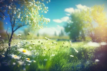 Fotobehang A beautiful spring blurred background. Summer landscape blooming meadow, bright green grass, daisies, colorful flowers. Flowering trees but a background of blue sky with clouds. AI generated © photolas