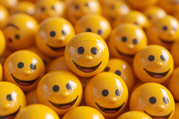  yellow smiley face balls, showcasing expressions of happiness and positivity. The glossy texture and vivid color make this image ideal for projects related to positivity, mental health, happiness
